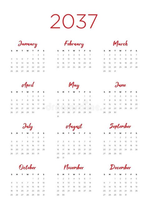 2037 Calendar With The Weeks Start On Sunday Stock Vector