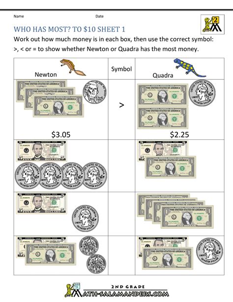 A collection of money games from the bbc skillswise site. Printable Money Worksheets to $10