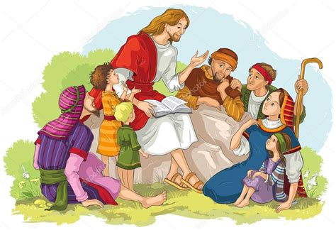 Jesús Predicando Grupo Personas Ilustración Cristiana Dibujos Animados