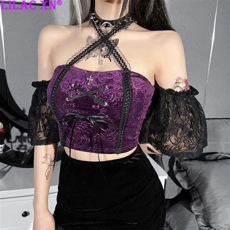 Goth Sexy Backless Cross Halter Crop Top Y K Black Lace Trim See