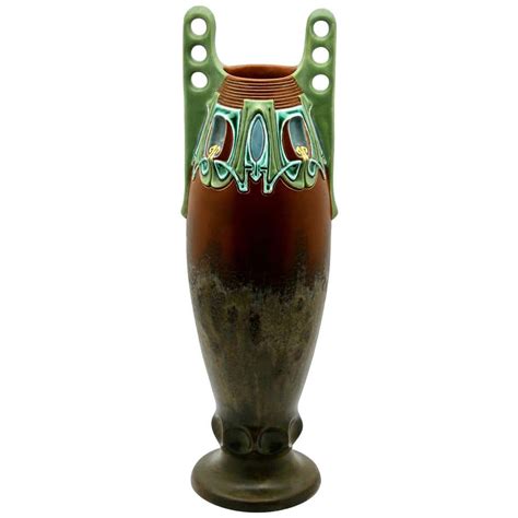 Austrian Art Nouveau Ceramic Portrait Vase Amphora Gold Brown Ochre