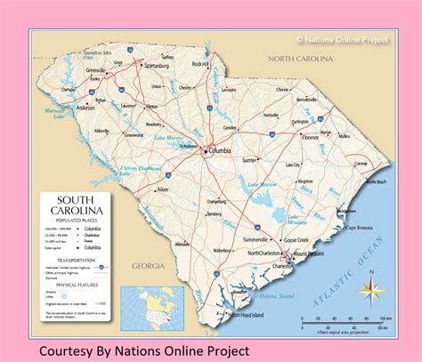 South Carolina Transportation And Physical Map Large