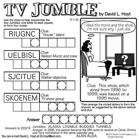 The subject of the puzzle allows the student to recognize how all the words are related. Sample of TV Jumble square | Tribune Content Agency (March 1, 2015)