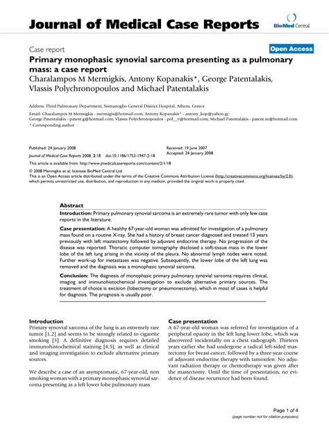 PDF Primary Monophasic Synovial Sarcoma Presenting As A Pulmonary