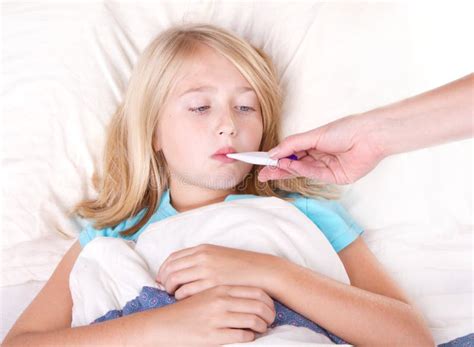 Sick Girl With A Thermometer In Mouth Stock Photo Image Of Caucasian