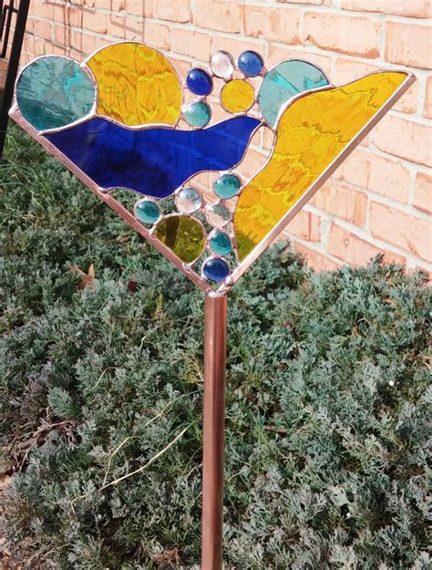 Stained Glass Martini Garden Stake Aqua Rose Teal Green Etsy