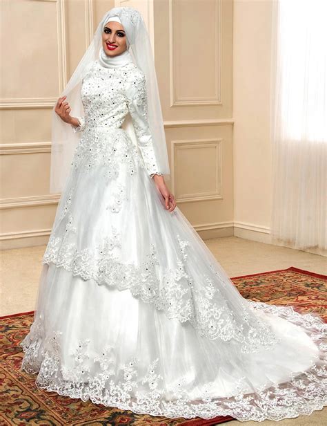Buy 2016 Pretty Ivory Muslim Wedding Dresses Satin Beaded Lace Long Sleeve