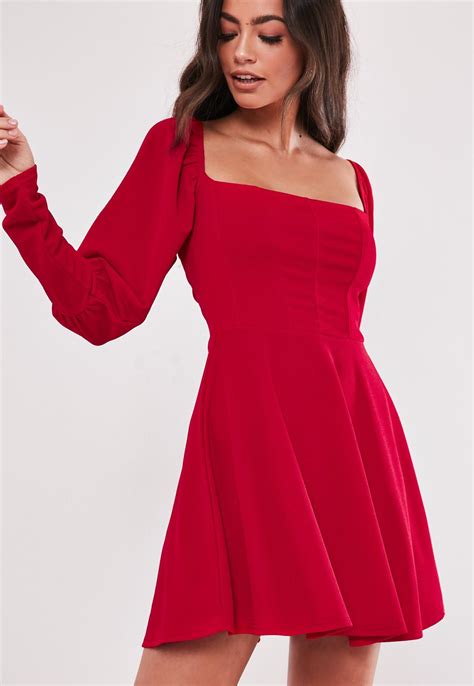 Red Puff Sleeve Milkmaid Corset Skater Dress | Missguided ...