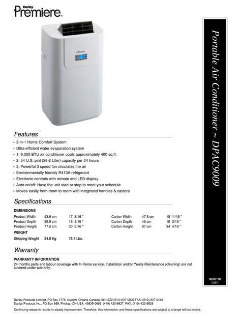 Danby Premiere Dpac9009 Air Conditioner Specification Sheet Manualslib
