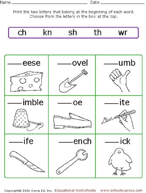 Consonant Digraphs Ch Kn Sh Th Wr Worksheet For 1st 2nd Grade