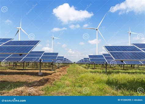 Solar Cells And Wind Turbines In Power Station Alternative Renewable