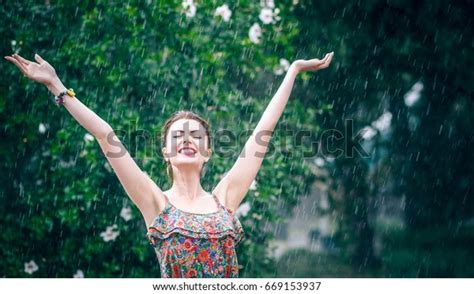 Beautiful Girl Under Summer Rain Stock Photo Edit Now