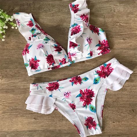 Buy 2018 Brazilian Women Swimsuit Flower Print Bikinis Ruffle Shoulder Bathing