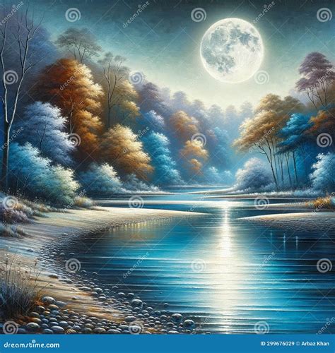 A Riverbank Scene at Night with a Full Moon Casting a Soft Glow on the