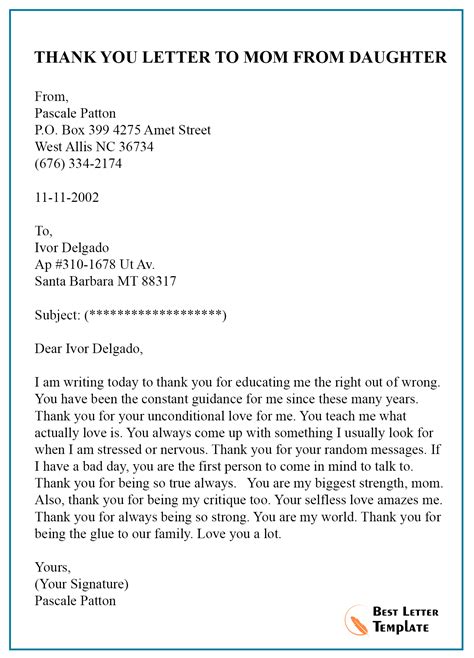 Thank You Letter Template To Mom Mother Sample And Examples
