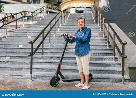 Active Old Woman Riding Electric Scooter Retired Lady Uses