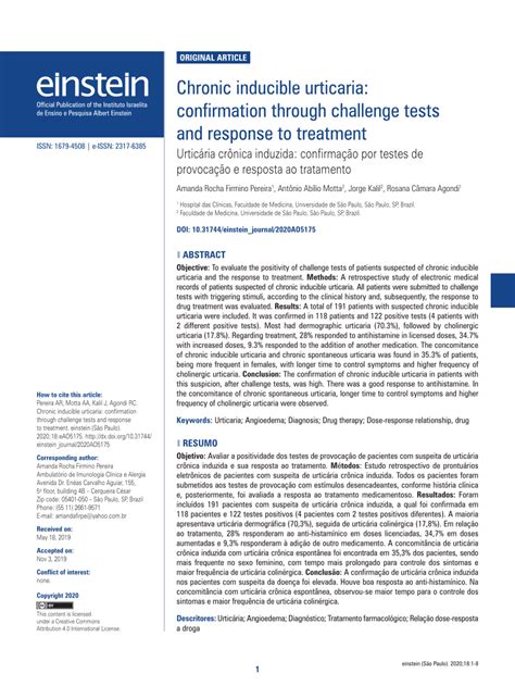 Pdf Chronic Inducible Urticaria Confirmation Through Challenge Tests