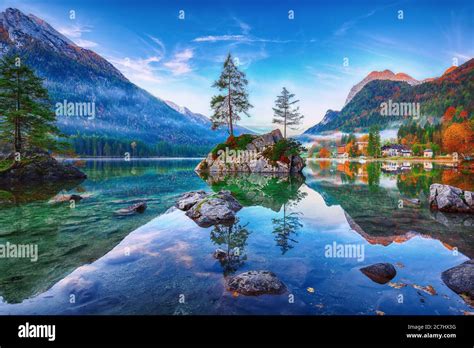 Fantastic Autumn Sunrise Of Hintersee Lake Beautiful Scene Of Trees On