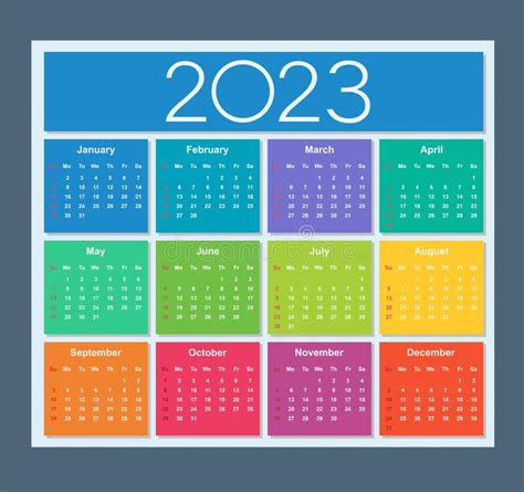 Colorful Calendar For 2023 2024 Years Week Starts On Sunday Stock