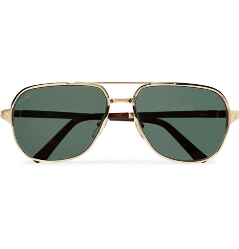 Cartier Santos De Cartier Aviator Style Leather Trimmed Gold Tone Sunglasses In Metallic For Men