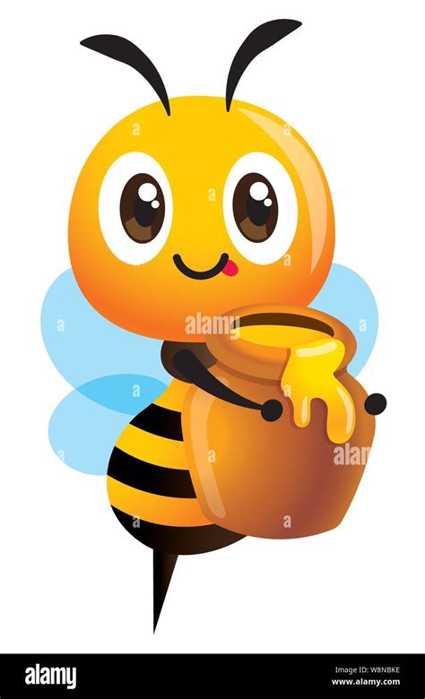 Cartoon Cute Bee Holds A Big Honey Pot Fresh Organic Honey Vector Illustration Isolated Stock