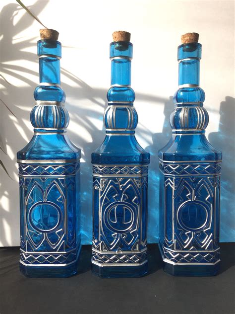 Lighted Decorative Blue Glass Bottles Hand Painted Metallic Silver 12 In With Cork Shaped Mini