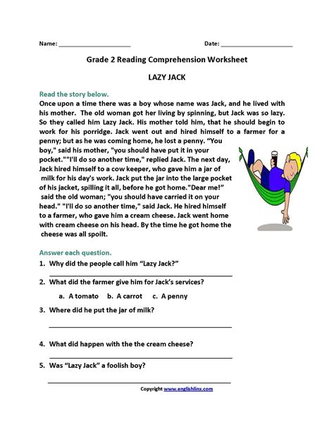 Printable Second Grade Reading Worksheet