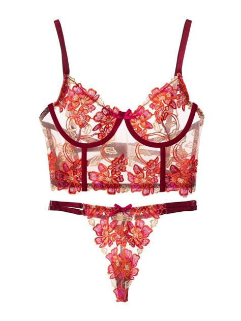 Red Floral Embroidery Bustier Straps Lingerie Set Etsy