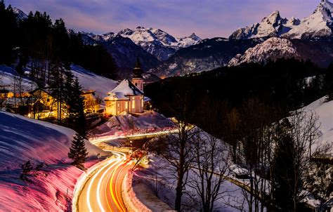 Обои зима дорога пейзаж горы природа Германия Бавария освещение Альпы церковь картинки