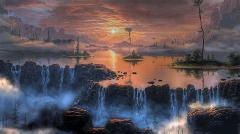 Fantasy Art Artwork Landscape Nature River Waterfall Wallpaper