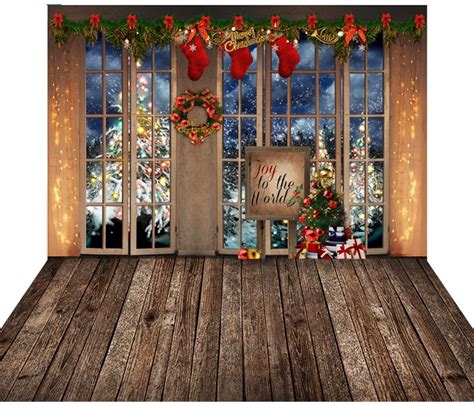 Christmas Window With Wooden Floor Mat Holiday Photography Backdrop G