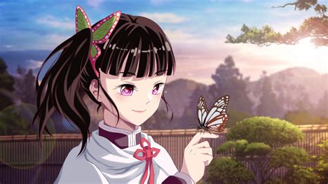 Demon Slayer Kanao Tsuyuri Enjoying A Butterfly Standing On Finger With