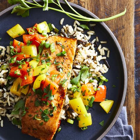 Sweet And Spicy Roasted Salmon With Wild Rice Pilaf Recipe Eatingwell
