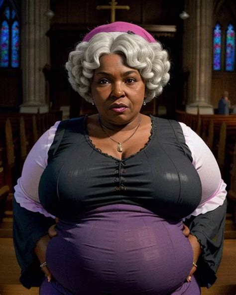 ai art generator serious big belly bbw ebony granny madam in church realistic face hands on