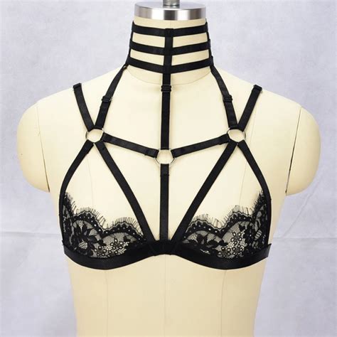 Buy Jlxharness 90s Black Lace Harness Lace Cage Bra Bondage Body Harness Crop