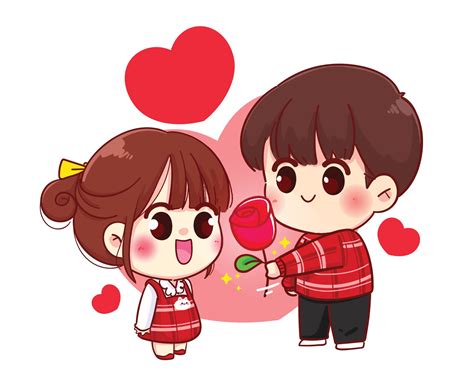niño da flor a niña linda pareja feliz San Valentín personaje de dibujos animados ilustración