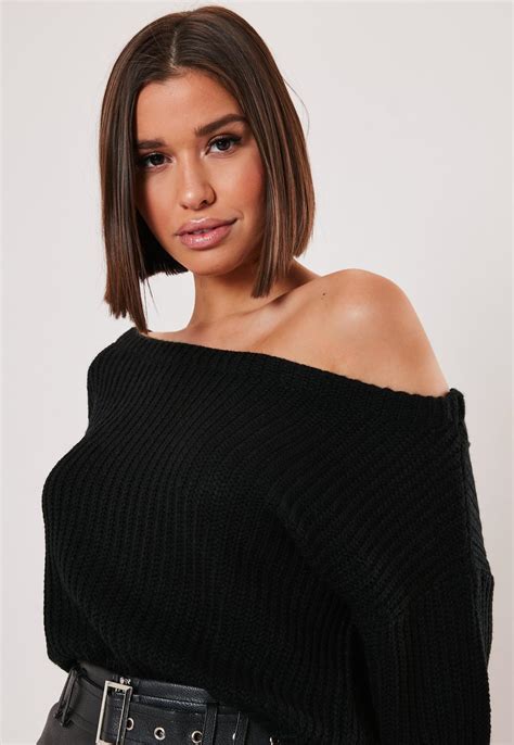 Black Off Shoulder Cropped Knitted Jumper | Missguided Australia
