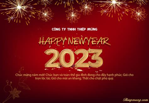 Thiệp Chúc Mừng Năm Mới Happy New Year 2023 Nền đỏ Và Pháo Hoa