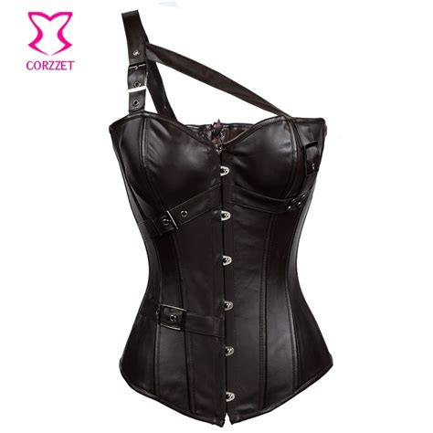 One Shoulder Buckle Belt Brown Leather Steampunk Corset Sexy Gothic Military Bustier Top Korsett