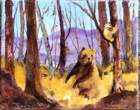 Western Us Art Grizzly Cub Wildlife Impressionistic Mountains