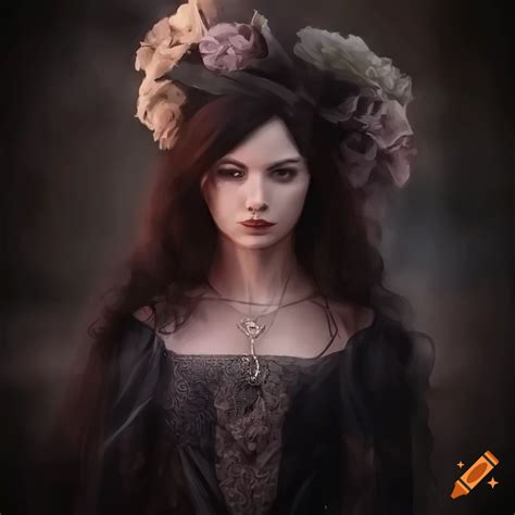 Noble Lady In A Dark Dress And Large Hat With Few Subtle Floral Accents Dark Hair With Long