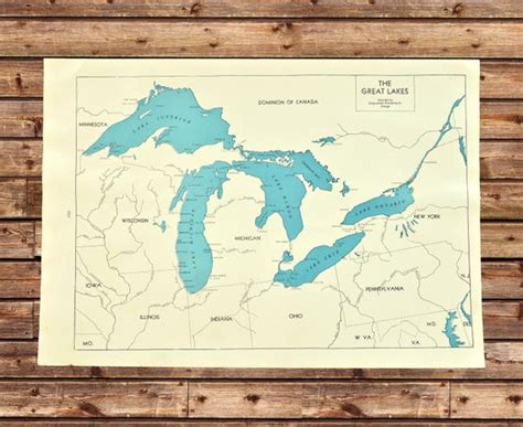 Great Lakes Map Of The Great Lakes Wall Art Decor Blue Lake Etsy