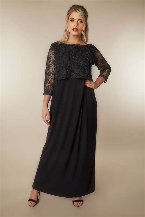 Black And Gold Maxi Lace Overlay Dress With Long Sleeves Plus Size 16 To 32