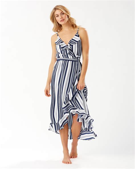 Tommy Bahama Synthetic Tan Lines Stripes Ruffled Wrap Dress In Blue Lyst