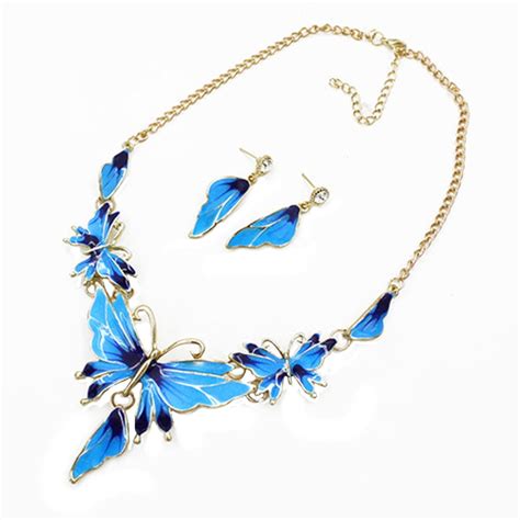 Blue Butterfly Necklace Earrings Set Blue With Gold Trim Tarnish