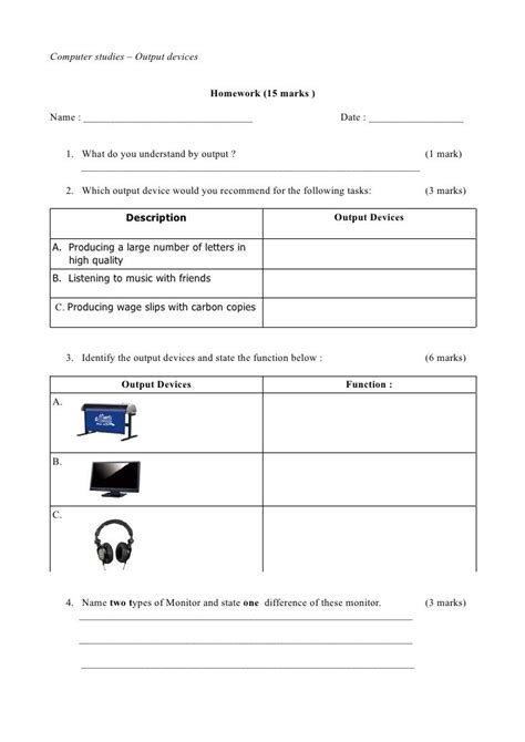 Download free printable worksheets for cbse class 5 computers with important topic wise questions, students must practice the ncert class 5 computers worksheets, question banks, workbooks and exercises with solutions which will help them in revision of important concepts class 5. Computer studies - Output devices Homework (15 marks )Name