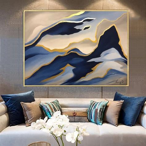 Large Abstract Blue Gold Painting Navy Blue White Gold Leaf Etsy