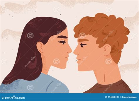 man and woman in passion before first kiss vector flat illustration couple looking to each