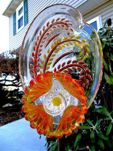 Vintage Glass Garden Art Plate Flower Glass Art Re Purposed Upcycled