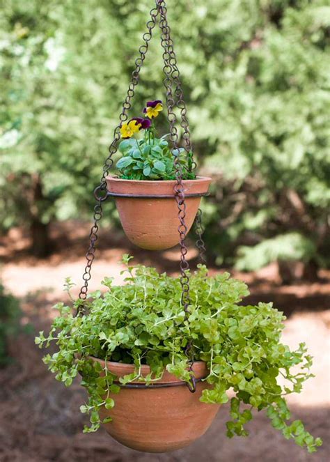 Green Rust Two Tier Hanging Planter With Terra Cotta Pots